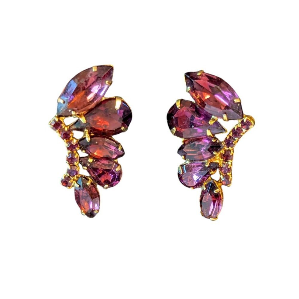 Vintage Marquee Cut‎ AB Rhinestone Leaf Fan Shape Earring Cocktail Statement MCM